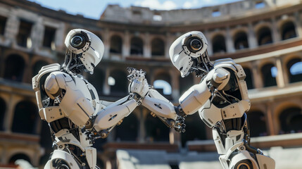 Fototapeta premium Two humanoid robots interacting inside the Colosseum