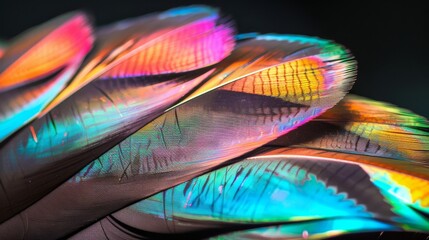 Exotic bird feathers close-up with fine details on a black background and rainbow light reflections.