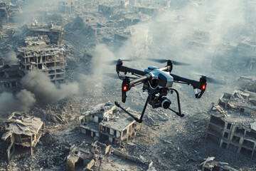 Drone equipped with camera flies over devastated urban landscape, with smoke rising from collapsed buildings. For editorial use depicting drone journalism, disaster assessment - obrazy, fototapety, plakaty
