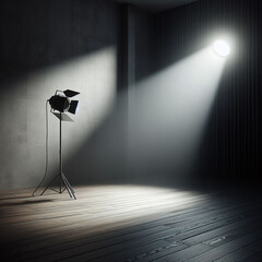 A minimalist room with black walls and a plant on a table. Ideal for product display or logo mockup.