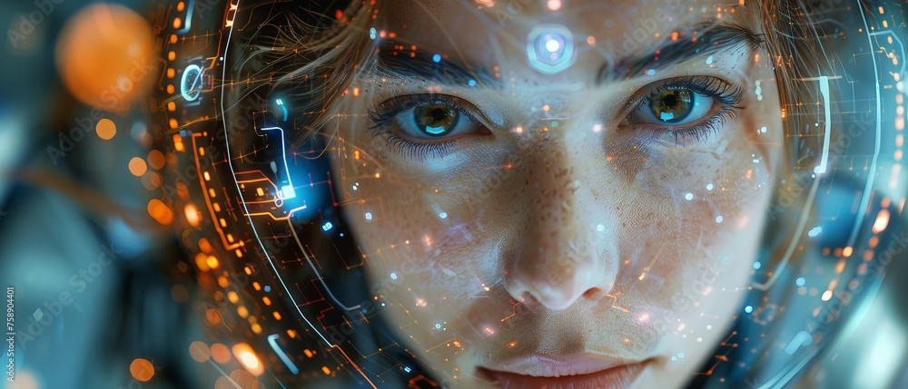 Fototapete Image robot woman using a transparent computer touch screen with artificial intelligence analyst data. Female cyborg. Artificial neural networks.