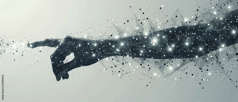 Aufkleber An abstract mash line and point hand holding a pin on a white background with a starry sky and the universe in the background. A  business illustration depicting the stars and the universe.