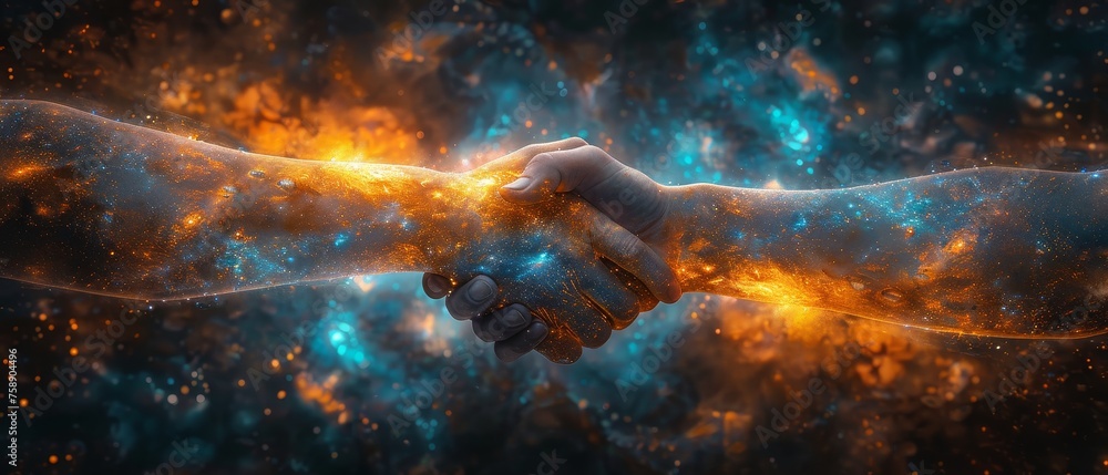 Aufkleber image of a business handshake in the form of a starry sky, with points, lines, and shapes in the for