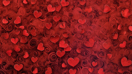 Background of small hearts with ornament of curls, in red colors.