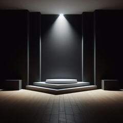 A captivating empty room illuminated by a powerful spotlight, casting dramatic shadows against black walls. Perfect for product displays or logo mockups!
