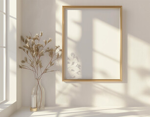 A minimalist white room is adorned with a single golden blank frame on a shelf, alongside elegant vases