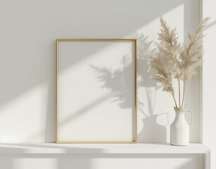A minimalist white room is adorned with a single golden blank frame on a shelf, alongside elegant vases