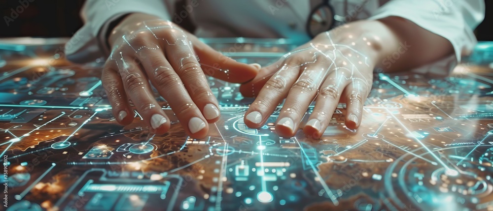 Aufkleber doctors working on modern computer interfaces as a medical concept