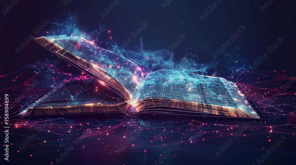 Poster book on laptop. low poly wireframe online education blue background or concept. digital illustration