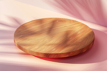 A warm-toned round wooden plate rests on a smooth surface under soft lighting