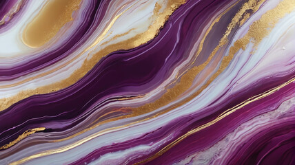 Liquid marble in purple and gold colors as a background. Generative AI.

