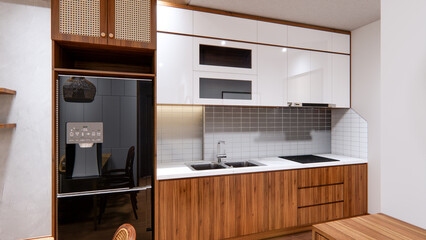 Living room, kitchen, interior, wood pattern, sofa in the same color as a condo.