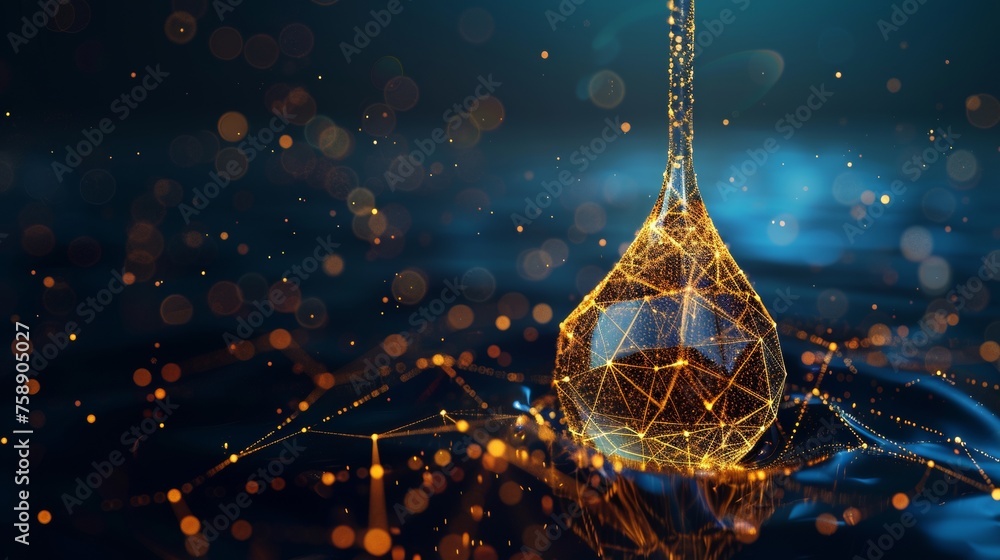 Aufkleber falling golden oil drop on geometric background. wireframe light connection structure. abstract illu