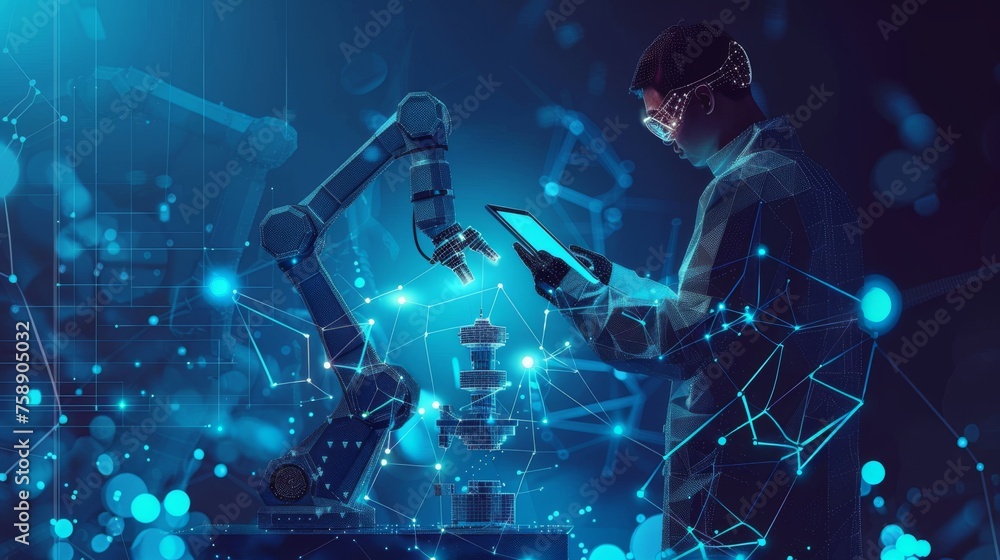 Poster a polygonal engineer controls a robotic arm and tool with a tablet. smart technology manufacturing p