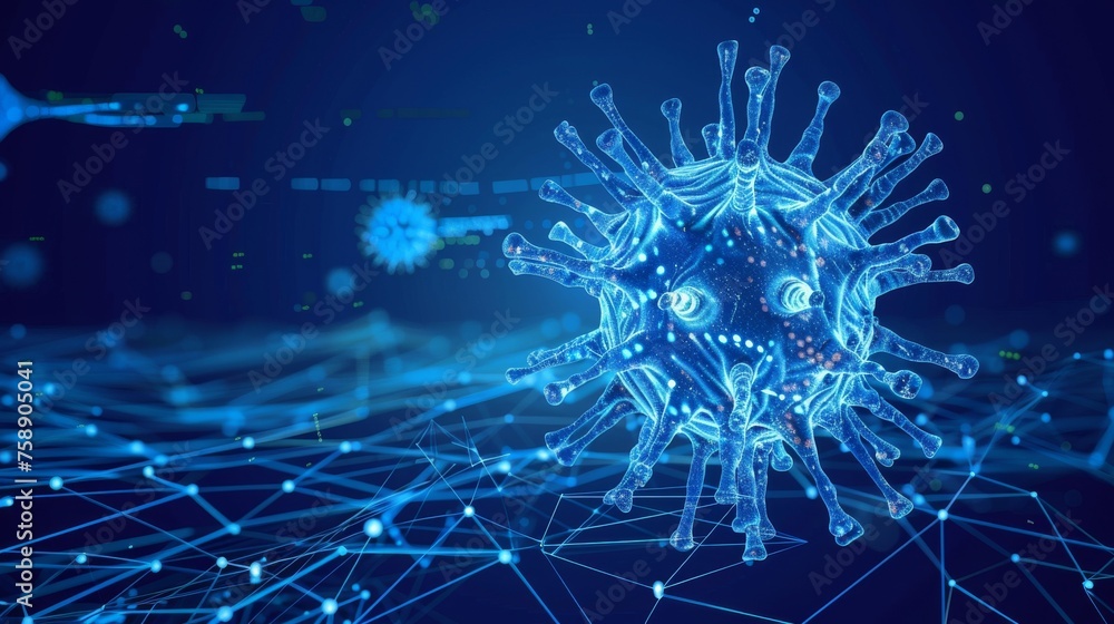 Poster this graphic depicts an abstract 3d microbe isolated over a blue background. this concept is suitabl