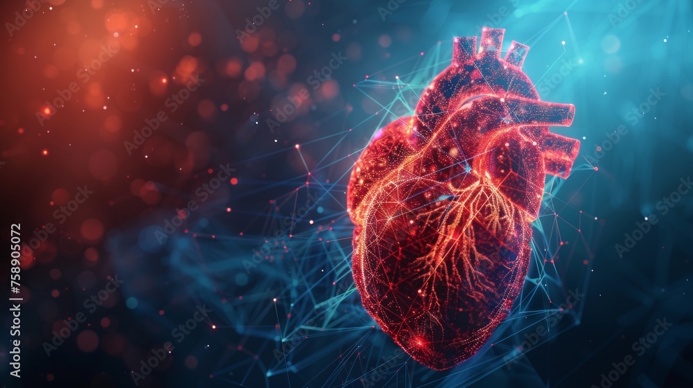 Leinwandbilder a graphic illustration of an abstract heart shape with red cardio pulsations on a low poly style bac