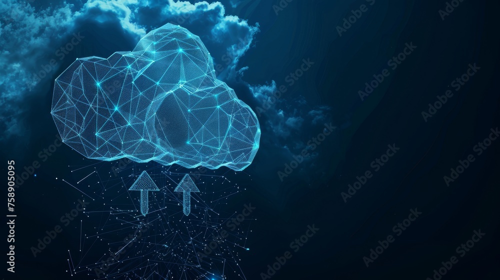 Sticker The future of cloud computing is coming. Polygonal cloud storage symbol with two arrows pointing up and down, on dark blue. Cloud computing, big data centers, digital artificial intelligence, virtual