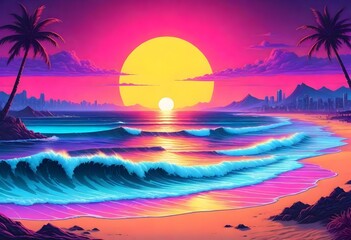 Sunset on a beach with pink and purple sky, reflective water