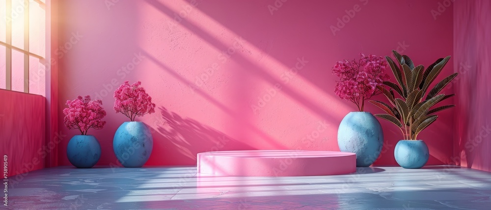 Fototapete The minimalist design background is accompanied by a podium to display the product on, an abstract white geometry shape background and an abstract red background.