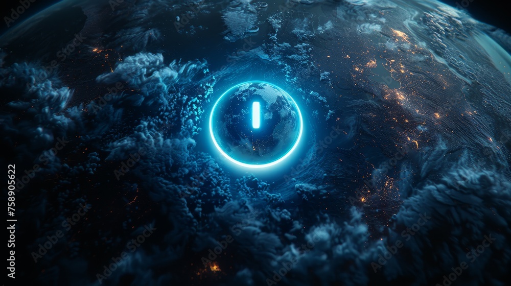 Poster planet earth with electric power button, hud key, and on/off light switch in blue gradient style. na
