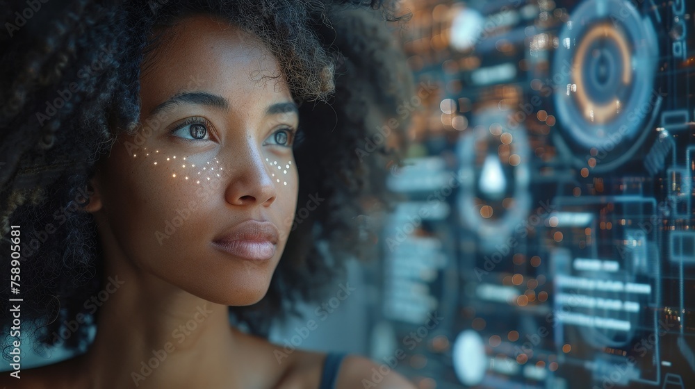 Aufkleber graphic user interface with black woman working in office. ict (information communication technology