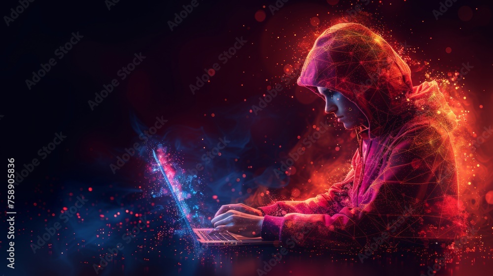 Poster An abstract polygonal hacker with a laptop on a dark background. Cyber security and cyber attacks. Digital technology and hacking. An illustration in low polygons.