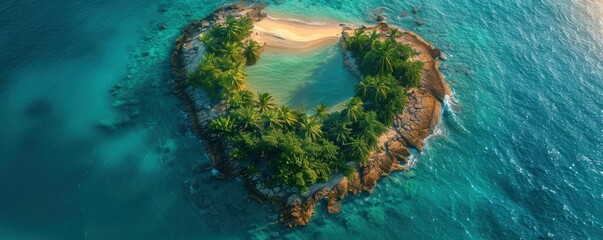 Discover Romance. Heart-shaped island nestled in the Caribbean Ocean, adorned with palm trees, a pristine beach, and a tranquil lake at its center. - obrazy, fototapety, plakaty