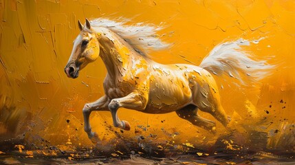 A modern artwork, a wall piece, a wall mural, a wall painting, a large stroke of oil painting. Abstract oil paintings, gold, horses, paintings on a wall. - obrazy, fototapety, plakaty