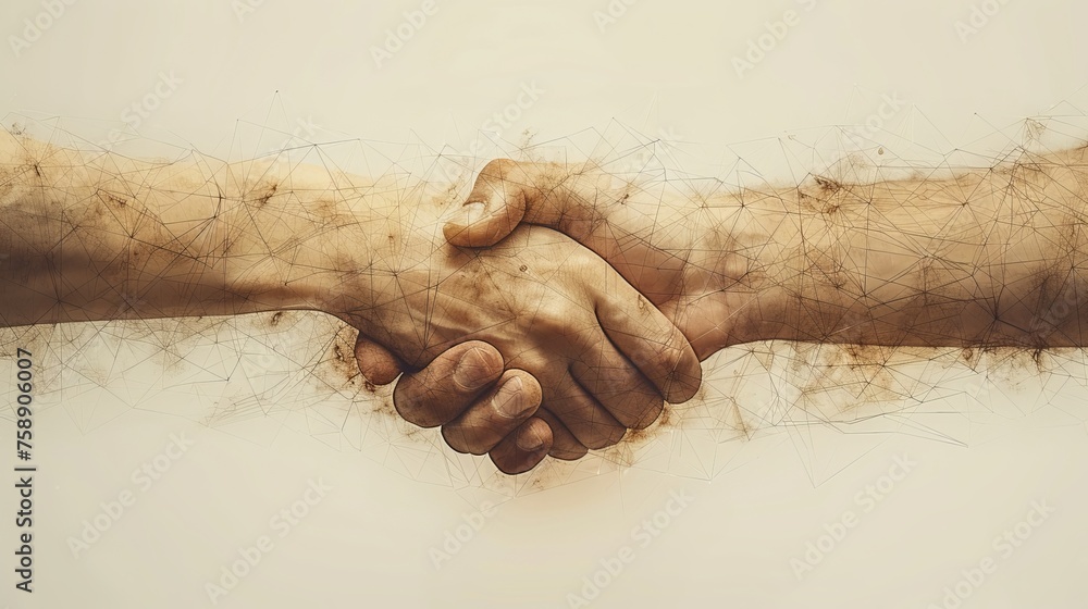 Poster Handshake. Abstract illustration isolated on a light background. Polygonal wireframe composition. Development symbol. Plexus lines.