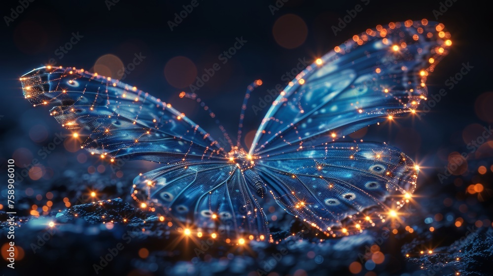 Aufkleber Butterfly in a futuristic polygonal style on a blue background. Metamorphosis of binary code into a butterfly. Successfully bringing ideas to life