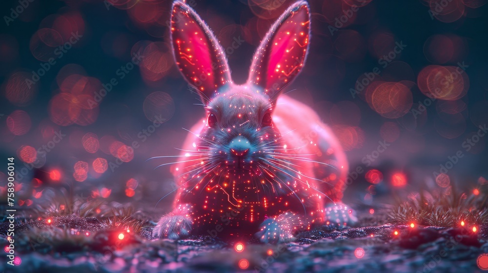 Aufkleber Neon bunny in a futuristic style with hare ears and computer board pattern. A technological greeting card with an Easter theme.