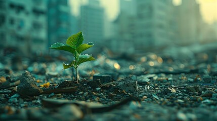 Lifelike depiction of a single green plant striving to thrive amid urban decay and rubble