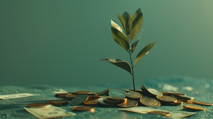 A symbolic image showcasing a young plant sprouting from a pile of assorted coins, set against a soft teal background, depicting investment growth - 758906023