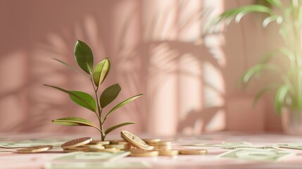 Fototapeta na wymiar A vibrant plant growing from coins on a pink surface with playful shadows, conveying concepts of growth, investment, and financial health