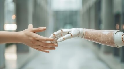 Human and robotic hands touching on medical data network connection, AI robot for diagnosing and treating patients in the future. Technology to improve patient health. - obrazy, fototapety, plakaty