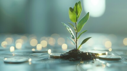 This image presents a sapling pushing through coins with warm bokeh lights, illustrating the concept of financial growth and investment