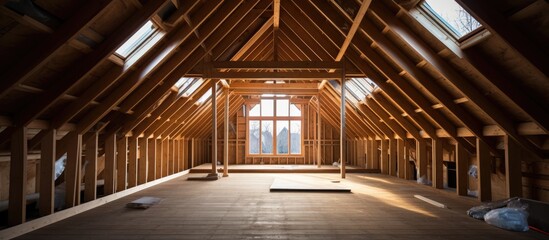 Indoor view of unfinished attic in a home under construction.