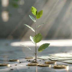 An artistic representation of a single plant with translucent leaves bathed in sunlight, surrounded by coins - 758906073
