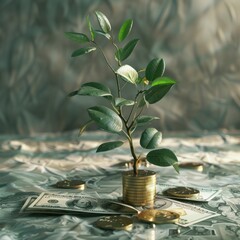 Fototapeta na wymiar This image features a plant and stacks of coins against a decorative patterned background emphasizing wealth