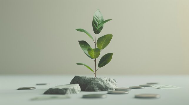 A sleek green plant sprouts from atop a rock among scattered coins, portraying solid growth and resilient investment strategies