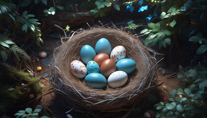 Holiday eggs in a basket. Easter celebration.

