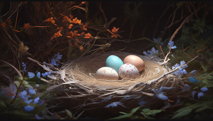 Obraz premium Holiday eggs in a basket. Easter celebration.