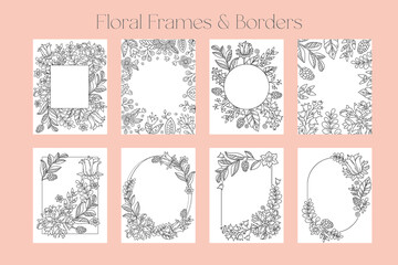 Fototapeta na wymiar Set of Ornate floral frames, borders with space for text. Hand drawn coloring page for kids and adults. Beautiful drawing with patterns and small details. Coloring book pictures. Vector, letter format