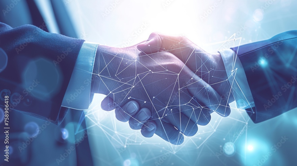 Poster a business network concept shows a group of people shaking hands, providing customer support, and es