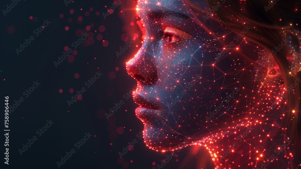 Poster Low poly wireframe landing page template for an intelligent machine or robot. Robotics science banner design. 3D head model polygonal illustration. Intelligent machine, robot mesh art homepage