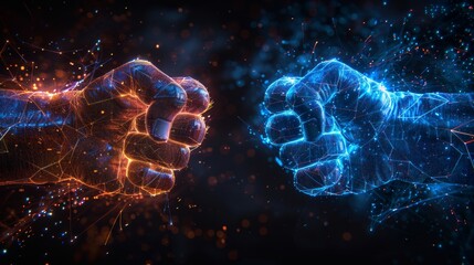 Fists clash. Geometric polygon wireframe style. Competition or rivalry or teamwork. Starry sky or constellation fist. Abstract fists isolated on blue background. Plexus lines and points. - obrazy, fototapety, plakaty