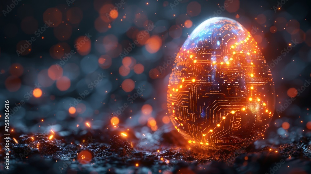 Poster This greeting card features an abstract 3D egg textured with circuit boards. Glowing digital modern illustration.