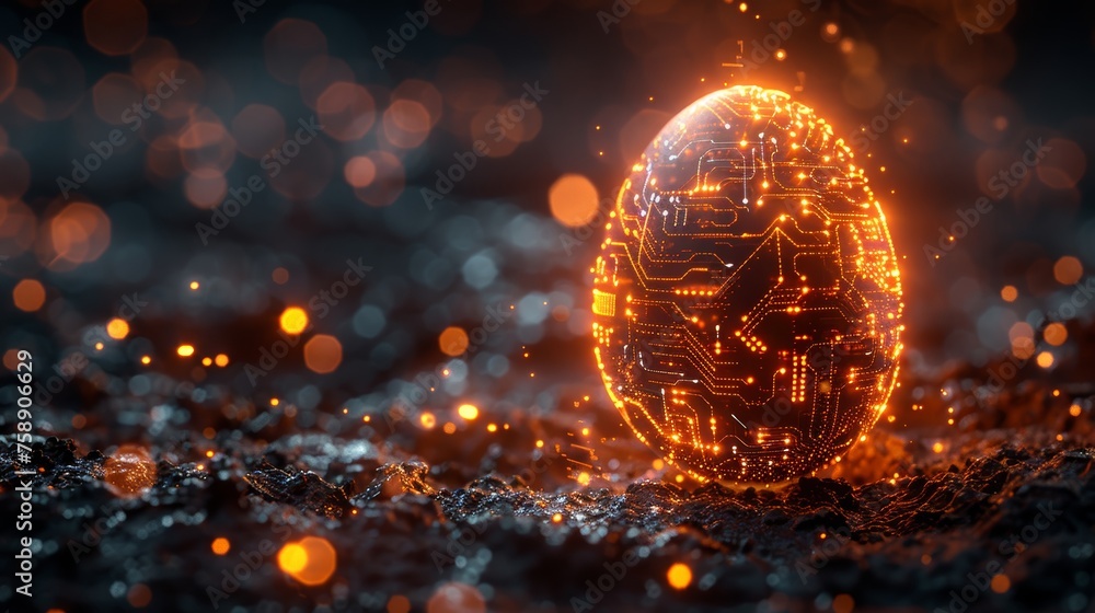 Leinwandbilder Glowing digital modern illustration of an abstract 3D egg with circuit board texture. Greeting card in tech futuristic style.
