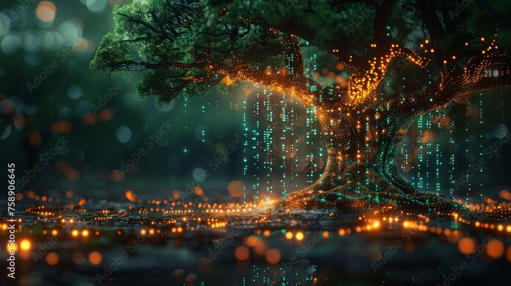 Fototapete In a glowing futuristic polygonal style, a tree with sprouts and binary code is portrayed in a digital way. This is a poster for a child's educational program. This is technology training for teens.