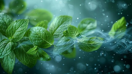 Modern illustration of mint leaves in motion. A fresh menthol aroma from a mint leaf. Idea for fresheners, cleaners and air fresheners. - obrazy, fototapety, plakaty